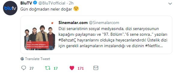 BluTV'nin resmi Twitter hesabından Sinemalar.com'un haberine verilen cevap, Behzat Ç'nin BluTV'yle anlaşmaya vardığı söylentilerini güçlendiriyor!