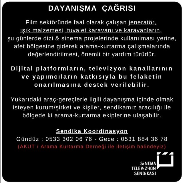 Sinema Televizyon Sendikası Dayanışma Çağrısı